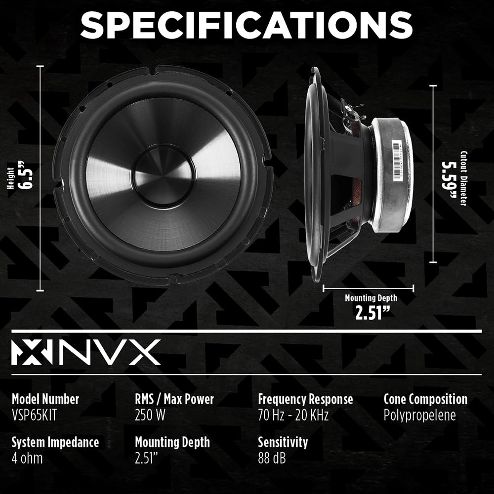 Nvx Vsp65Kit 6.5 Premium Car Speakers, 750W Max, 250W Rms, 2-Way 6-1/2 Inch Component System W/ 1 Silk Dome Tweeters & Passive X