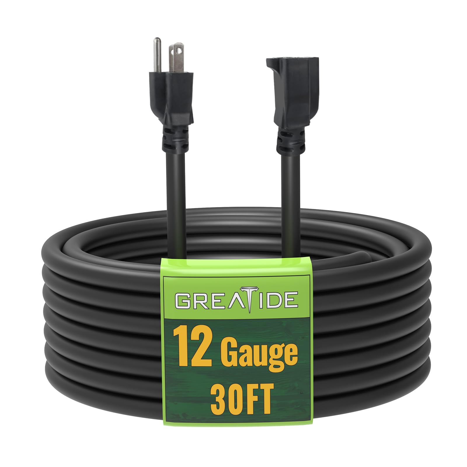 Greatide 30 Ft Outdoor Extension Cord   12/3 Sjtw Heavy Duty Black Extension Cable With 3 Prong Grounded Plug   Power Cord For L