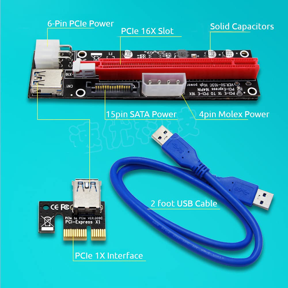 Jacobsparts Pci E 1X To 16X Powered Usb3.0 Gpu Riser Extender Adapter Card