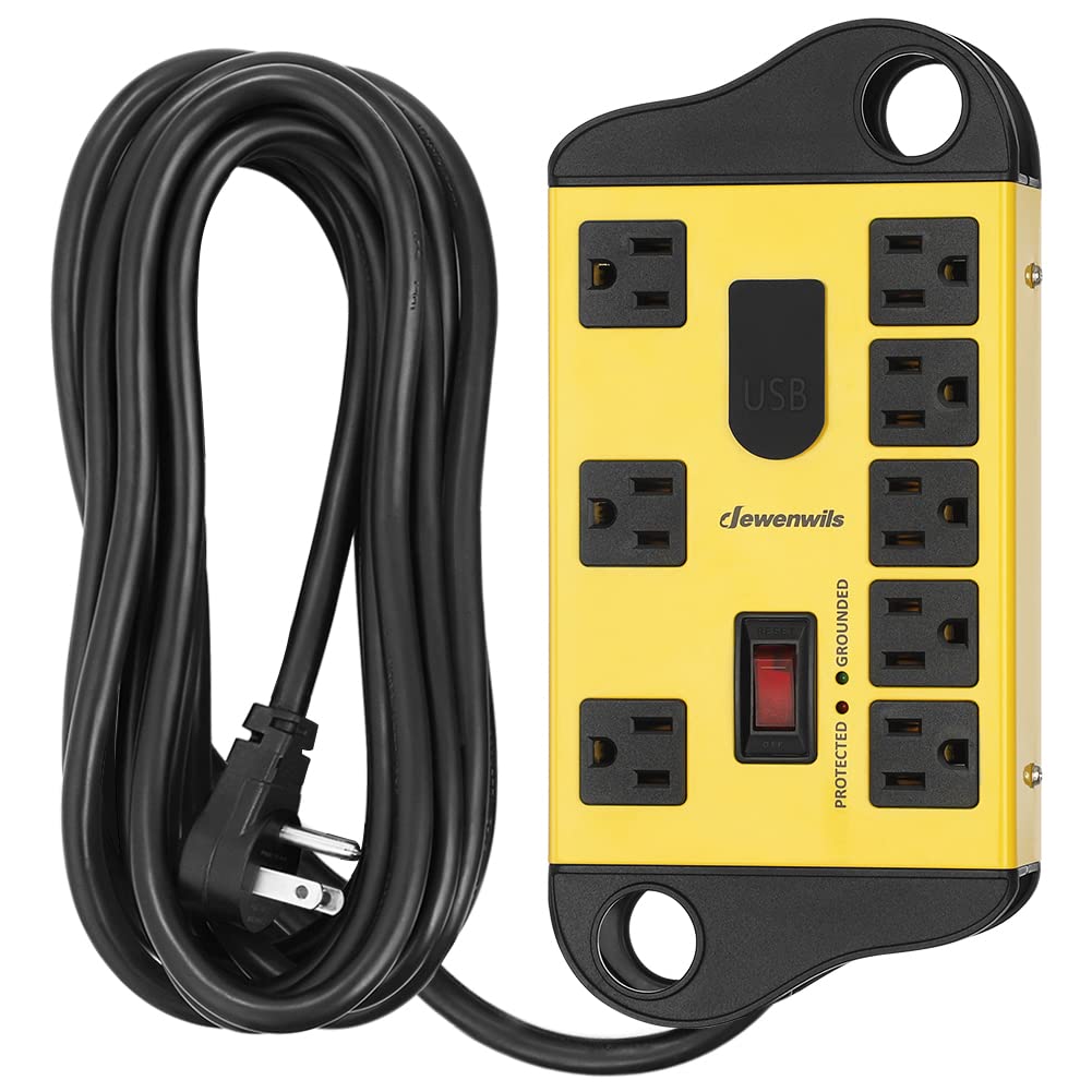 Dewenwils 8 Outlet Metal Power Strip Surge Protector With 2 Usb Ports,15 Ft Flat Plug Extension Cord, Heavy Duty Industrial Powe