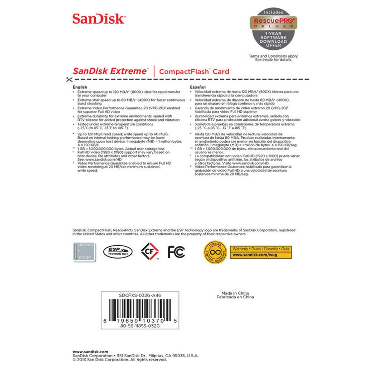 Sandisk Extreme 32Gb Compact Flash Memory Card Udma 7 Speed Up To 120Mbs Sdcfxs 032G A46