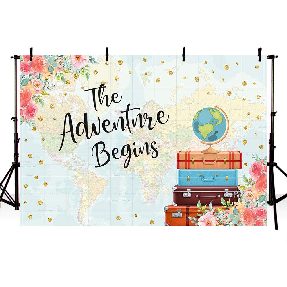 Mehofoto Adventure Begins Baby Shower Party Decorations Backdrop Vintage Red Floral Suitcases Travel Around The World Map Bridal