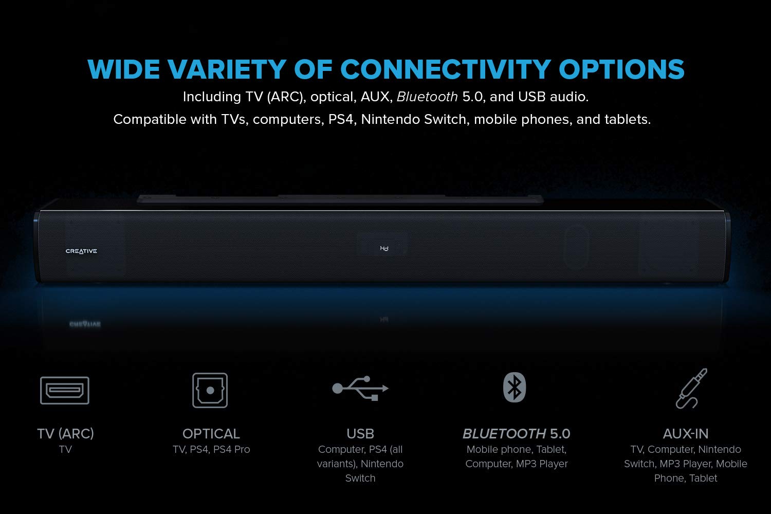 Creative Stage V2 2.1 Soundbar With Subwoofer, Clear Dialog And Surround By Sound Blaster, Bluetooth 5.0, Tv Arc, Optical, And U