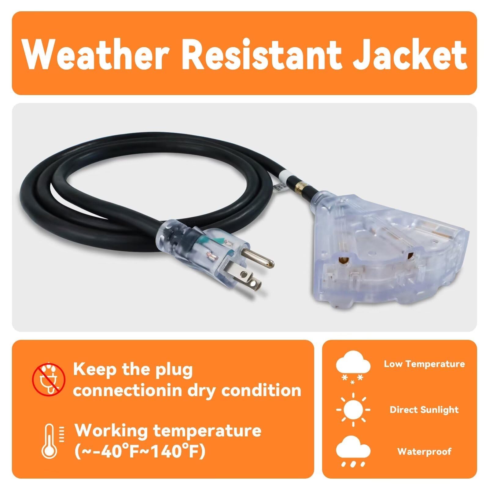 Ep 50 Ft Lighted Outdoor Extension Cord With 3 Electrical Power Outlets   12/3 Sjtw Heavy Duty Black Extension Cable With 3 Pron