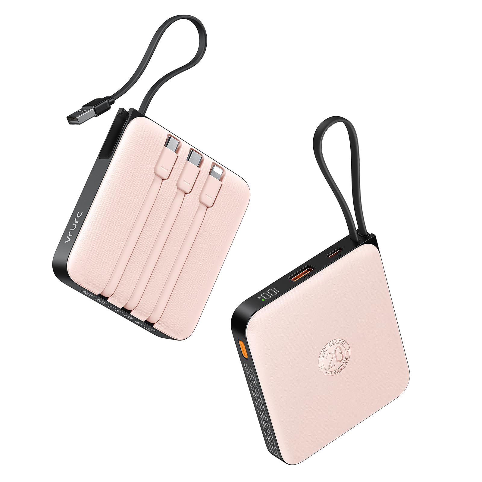 VRURC 20000mAh Power Bank Built-in Cables, Travel Essentials, Portable Charger 22.5W Fast Charging USB C Battery Pack, Phone Bat