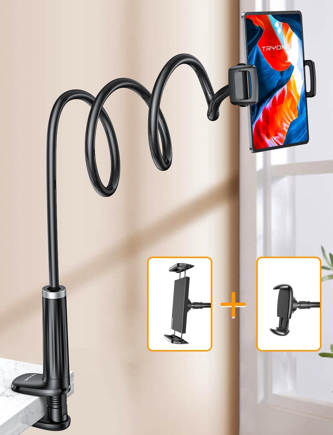 Gooseneck Phone Holder Tablet Stand for Bed:[Swivel Base] Adjustable Flexible Lazy Arm with 2 Clips Phone Tablet Holder Mount Compatible iPad Pro Air Mini | Kindle | Switch or Other 4 12.9' Device