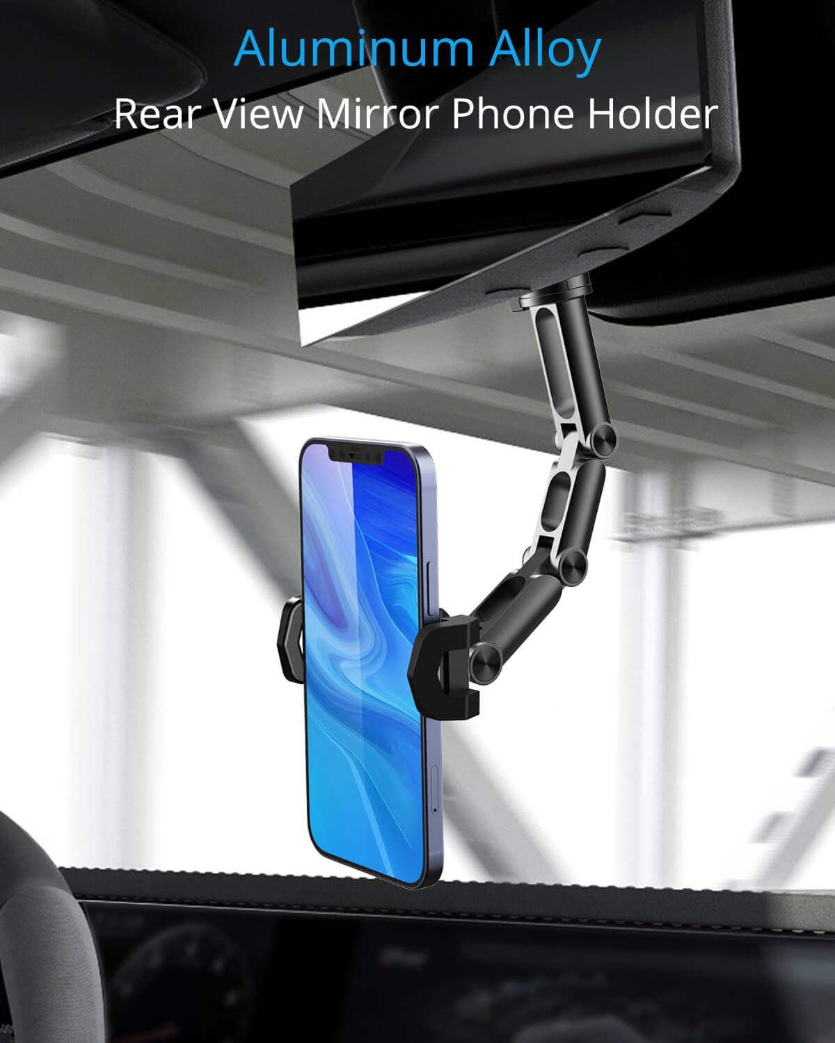 Quyee Rear View Mirror Phone Holder Mount For Car, Aluminum Multi-Directional Metal Arms And 360-Degree Rotatable Retractable, A