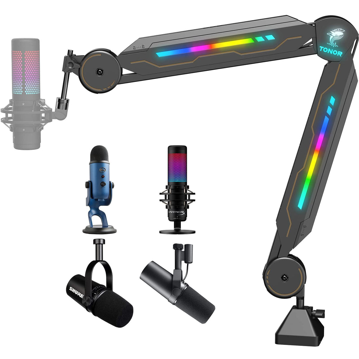 Rgb Boom Arm, Tonor Adjustable Mic Stand With Rgb Light For Hyperx Quadcast/Blue Yeti/Shure Sm7B/Rode Nt1, Rotatable Suspension 