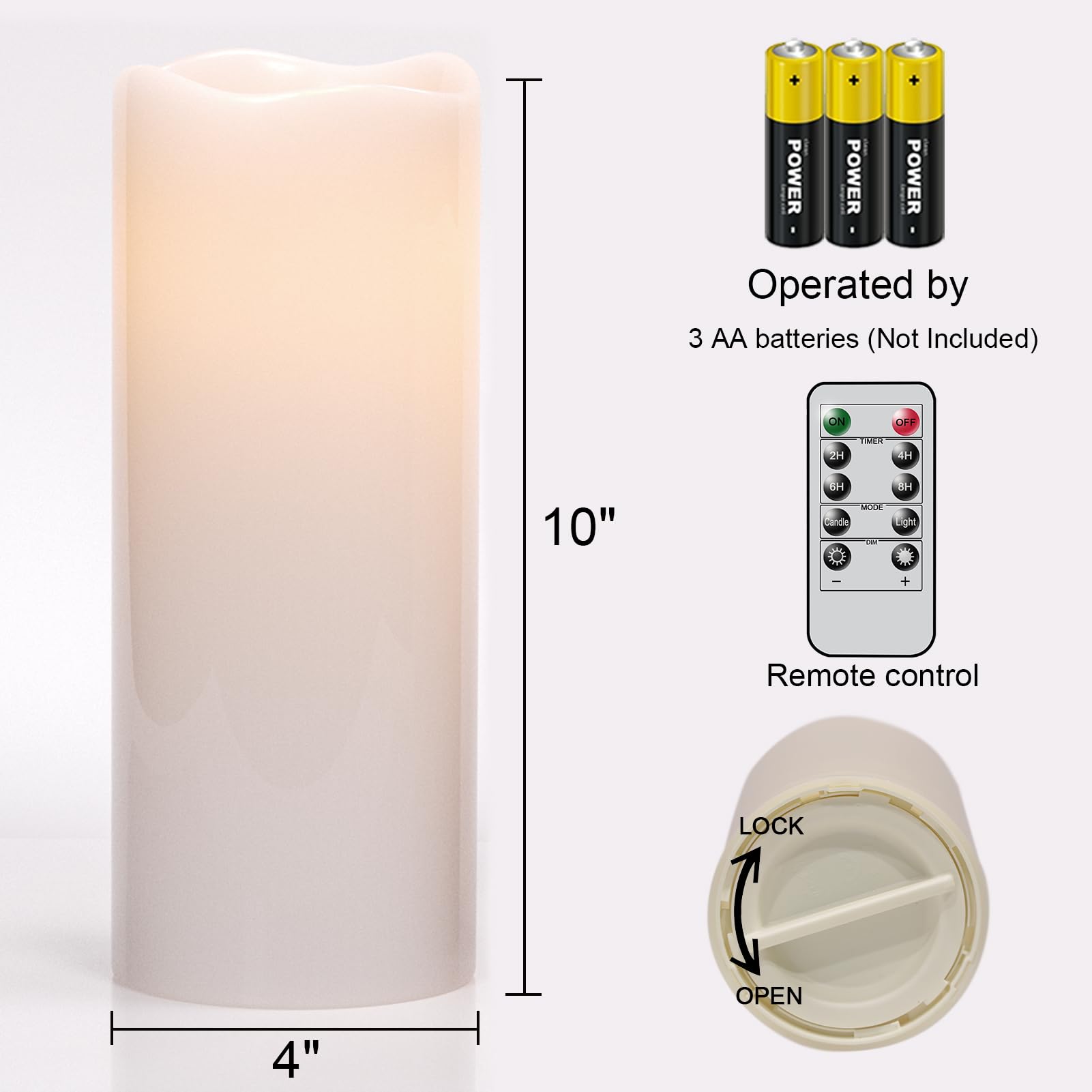 Eldnacele 4''  10'' Large Waterproof Outdoor Flameless Candles Remote And Timer, Battery Operated White Plastic Led Flickering P