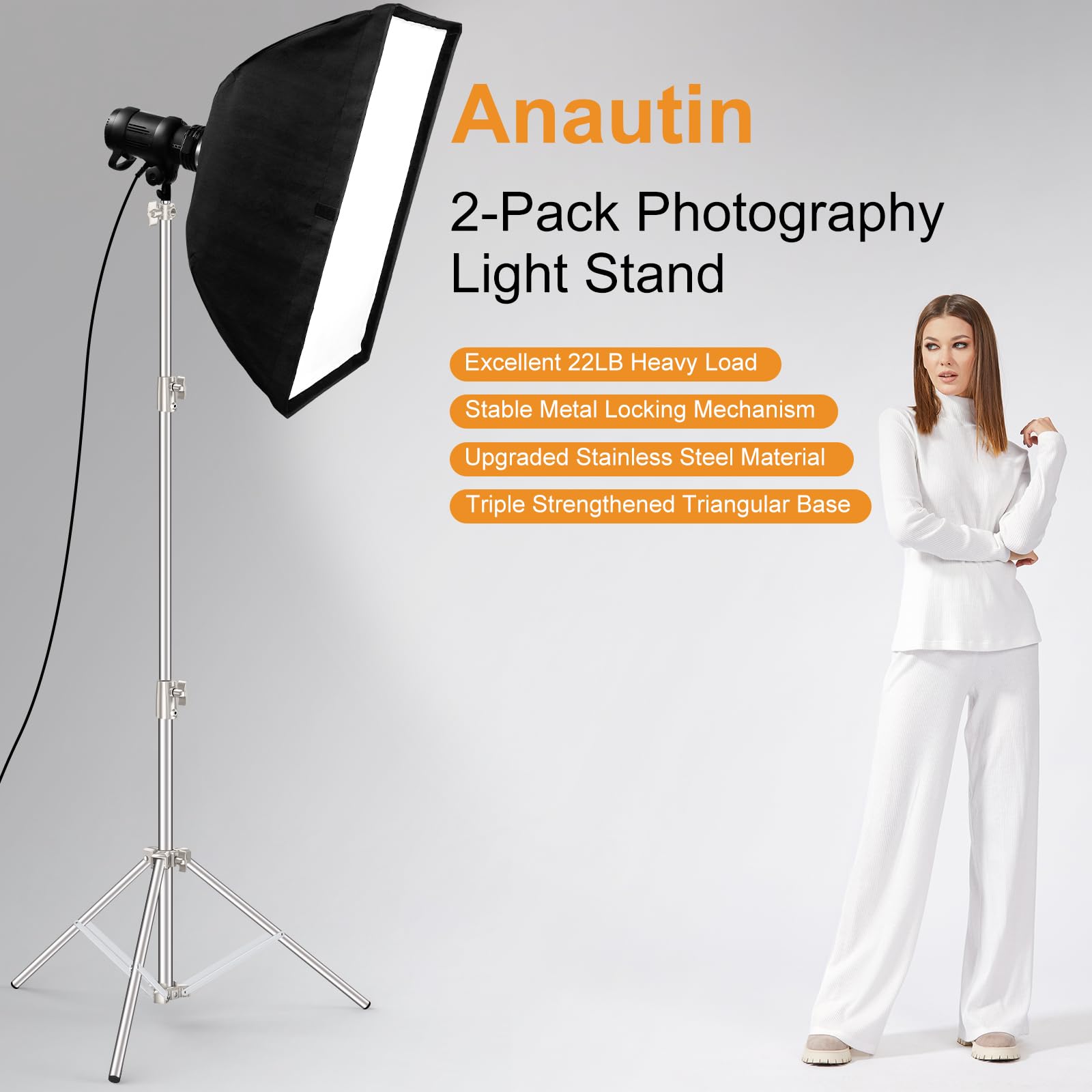 Anautin 9.2 Ft Stainless Steel Light Stand Photography, 2 Pack Heavy Duty Photography Tripod Stand With 1/4    To 3/8    Screw A