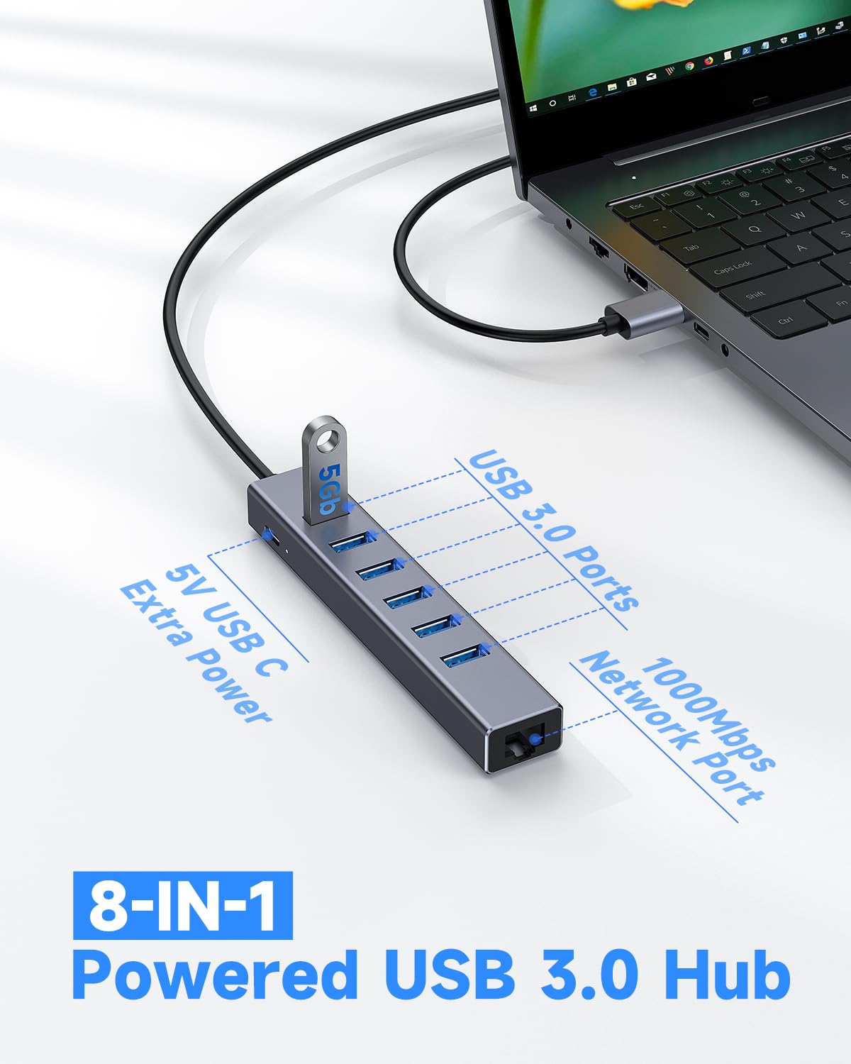 7 Ports Usb 3.0 Hub, Usb To Network Hub With 6 Usb 3.0 Data Transmission, Gigabit Ethernet Port And 5V/3A Power Port,Usb Aluminu