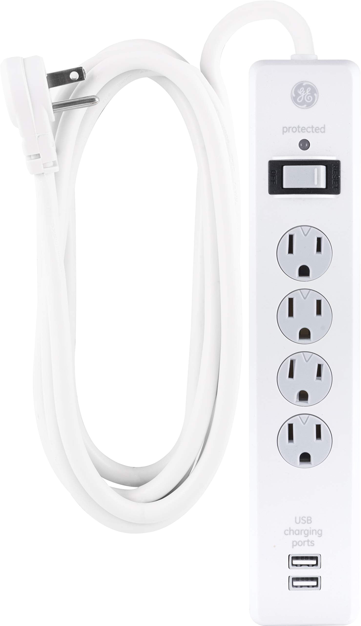 Ge Surge Protector, 4 Outlets 2 Usb Ports, Extra Long 8Ft. Power Cord, White, 25798
