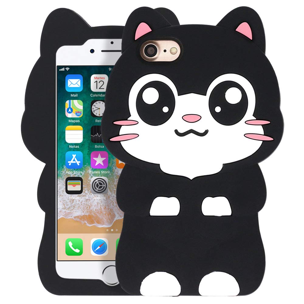 Yonocosta Cute Iphone Se 2022 Case, Iphone Se 2020 Case, Iphone 7 Case, Iphone 8 Cases, Funny Kawaii Big Eye Black Cat Kitty 3D