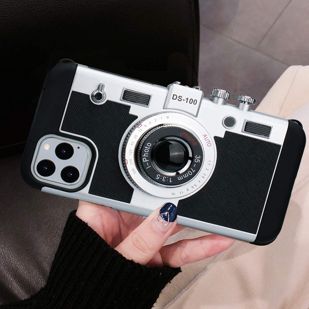 Awsaccy iPhone 14 Pro Max Phone Case Emily in Paris Vintage Camera Design Silicone Black with Neck Strap Lanyard
