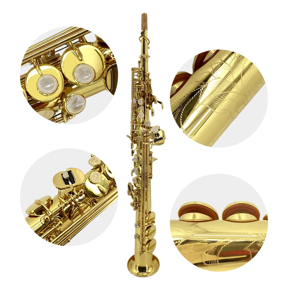 Wuqimusc Bb Straight Soprano Saxophone-Gold Lacquer Finish, Ergonomic Design With Case, Mouthpiece, Neck Strap & Accessories, Id