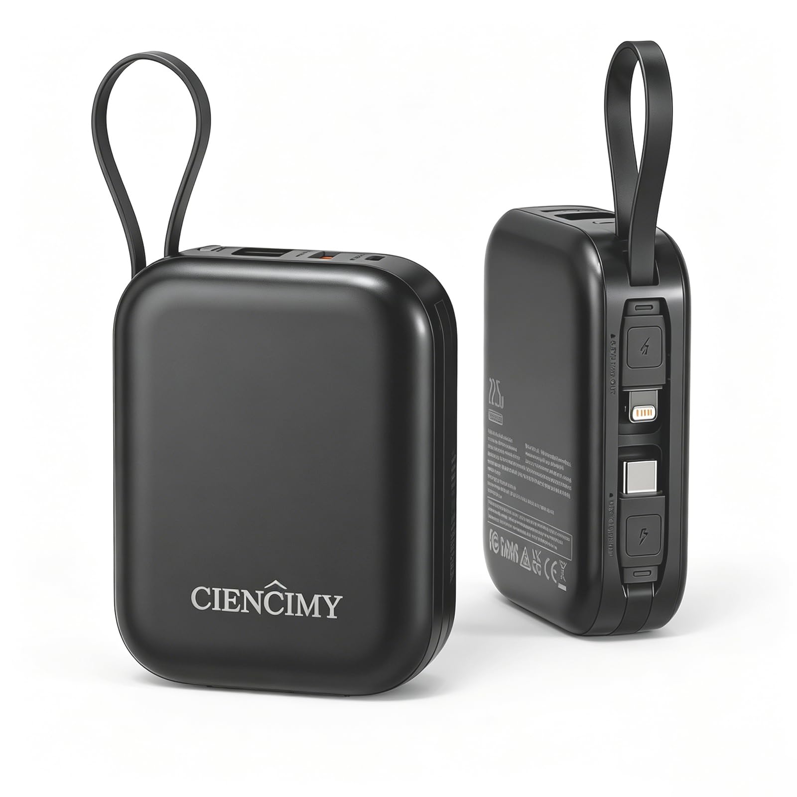 10000mAh 22.5W Power Bank, Portable Charger with Built in Cable  Black