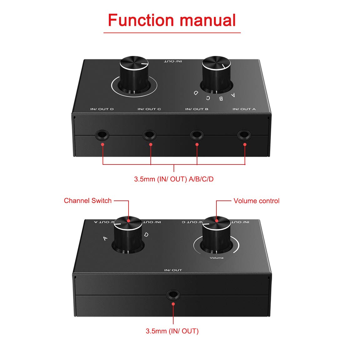 4 Port Audio Switch, 3.5Mm Audio Switcher, Stereo Aux Audio Selector, 4 Input 1 Output / 1 Input 4 Output Audio Splitter Switcher, Audio Switcher Box, 4 Channel Switch Knob, No External Power Required