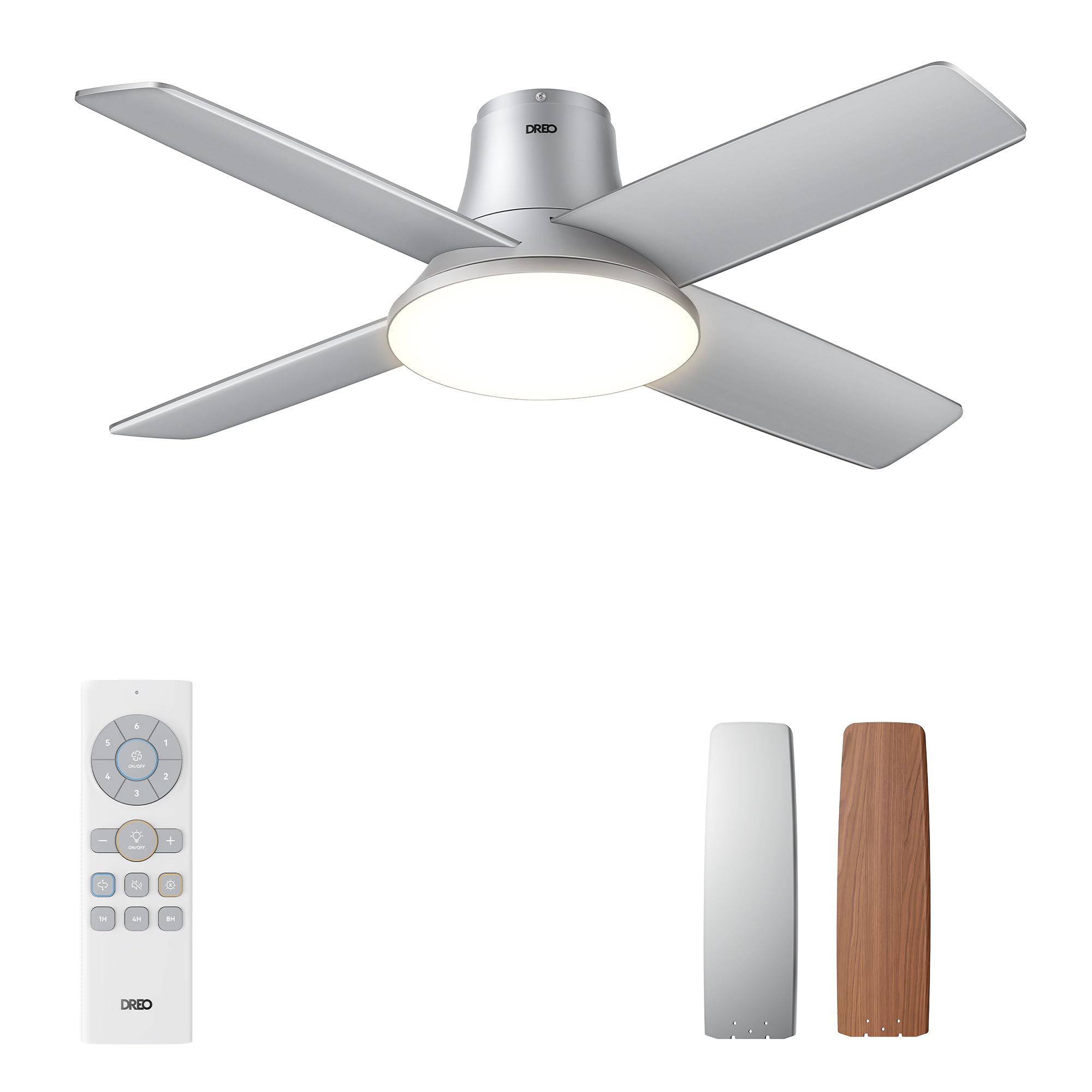 Dreo Ceiling Fans With Lights And Remote, 44 Inch Low Profile Sliver Ceiling Fan, Reversible, 5Cct, 6 Level Dimmable, 6 Speeds B