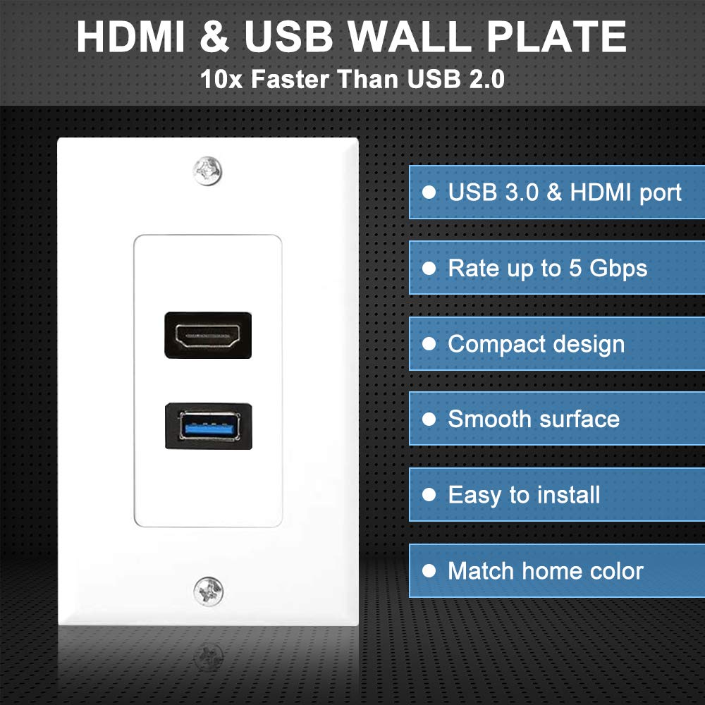 Zexmte Hdmi And Usb 3.0 Wall Plate Hdmi Wall Charger Outlet Mount Socket Face Plate Panel Cover, Usb & Hdmi Port For High Speed