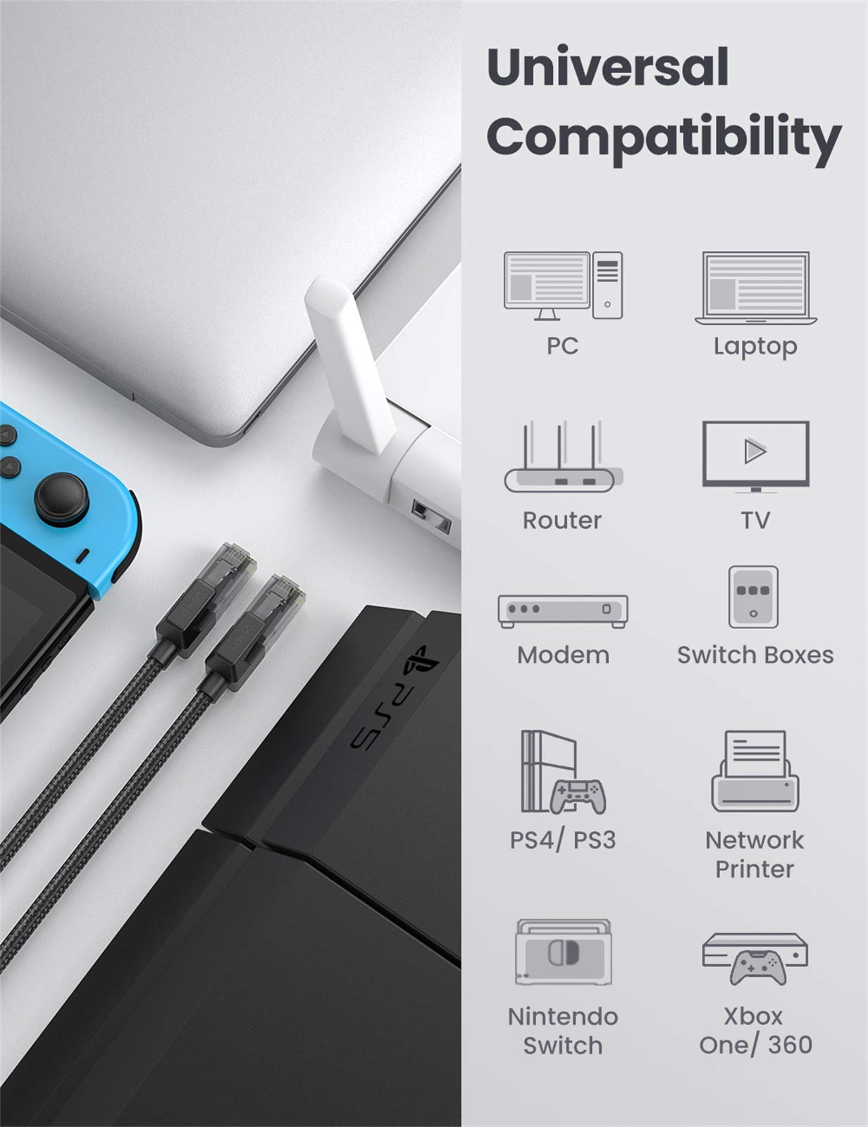Ugreen Cat 6 Ethernet Cable Braided Cat6 Gigabit High Speed 1000Mbps Internet Cable Rj45 Shielded Network Lan Cord Compatible Fo