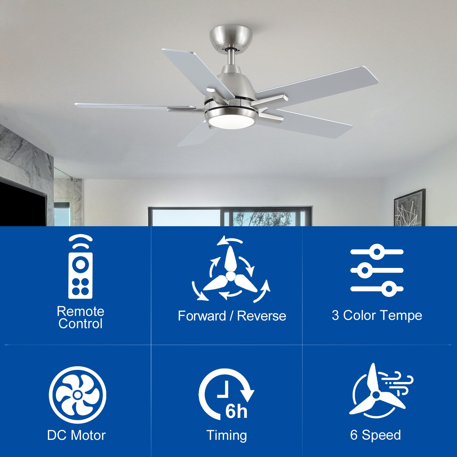 42 Inch Ceiling Fans With Lights And Remote,Brushed Nickel Ceiling Fan With 5 Dual Sided Blades,Downrod,6 Speed Reversible Dc Mo