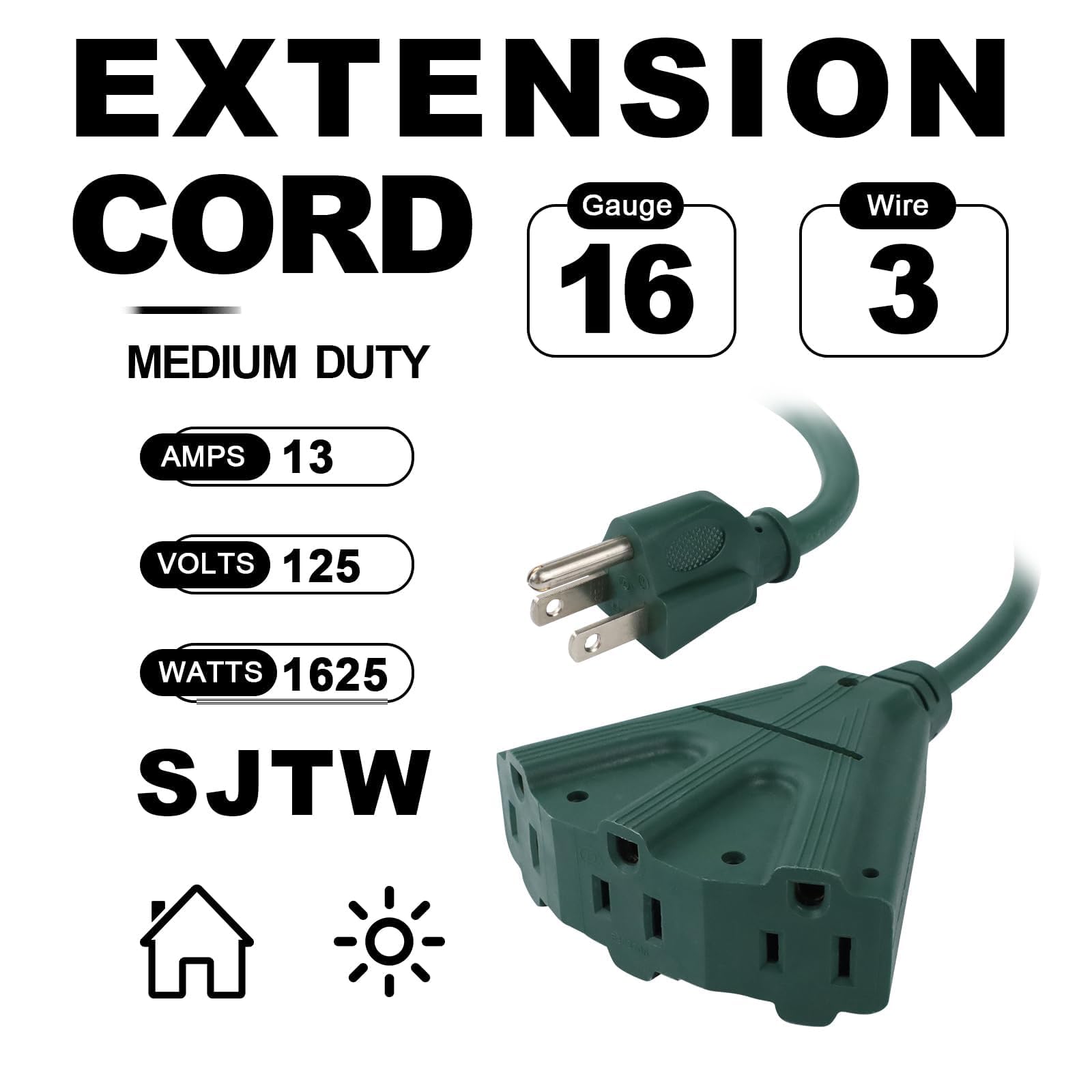 Ep 2 Pack 15 Ft Outdoor Extension Cord With 3 Electrical Power Outlets   16/3 Sjtw Green Cable With 3 Prong Grounded Plug For Sa