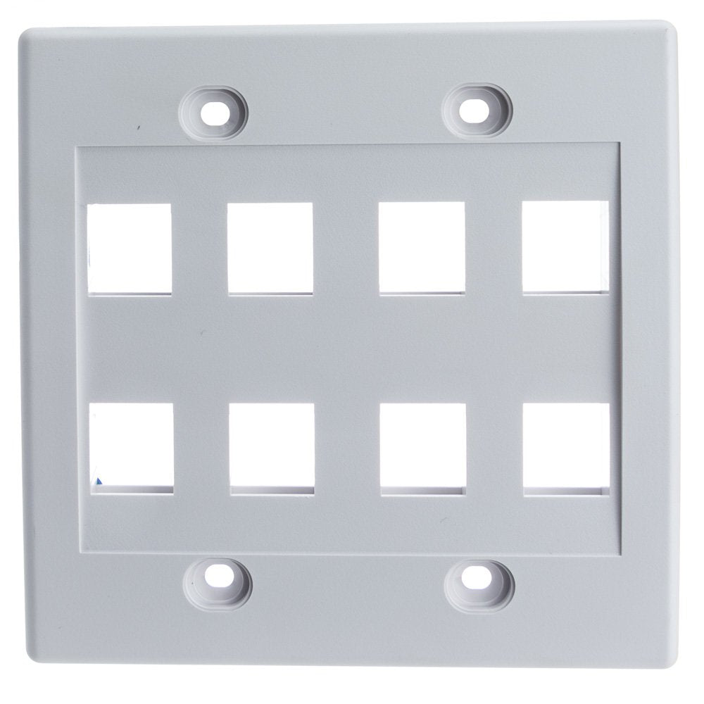 Keystone Wall Plate 8 Port, White (Cat5E, Cat6, Coax (Video), Aux (Cat6 For Data, Ip Phone, Pots Or Other), Dual Gang, Cablewhol