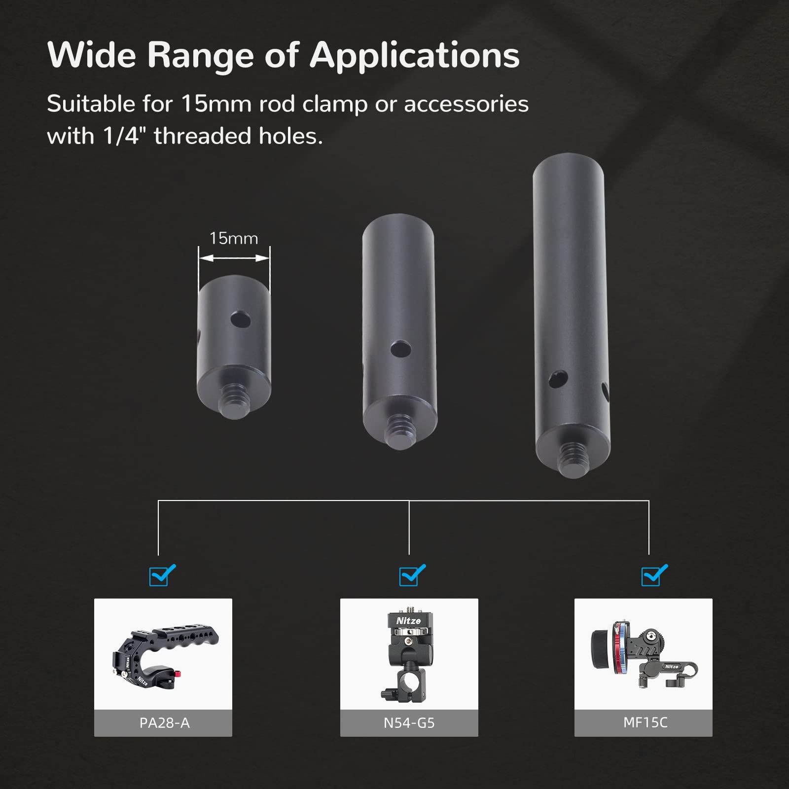 Nitze 15Mm Rod With 1/4� Screw 1 Inch/2 Inches/3 Inches (3 Pcs) Aluminum Alloy 15Mm Rods Wtih 1/4' Male To Female Threads   R15 1/4 Kit