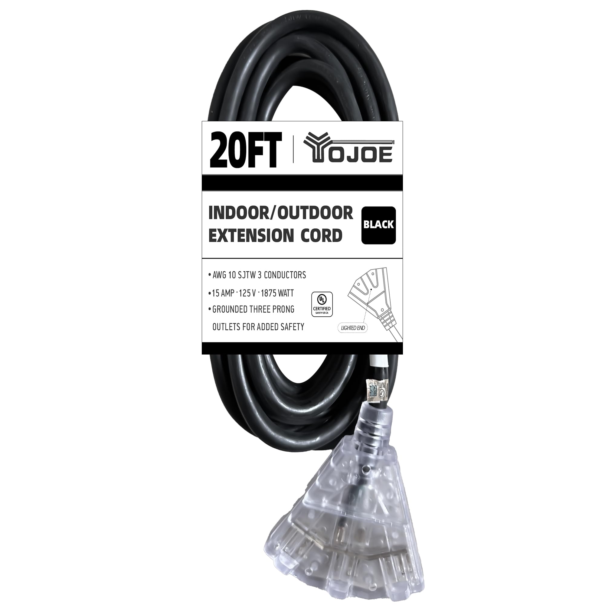 Yojoe 20 Foot 10/3 Lighted Outdoor Extension Cord With 3 Power Outlets   10 Gauge 3 Prong Sjtw Heavy Duty Black Extension Cable