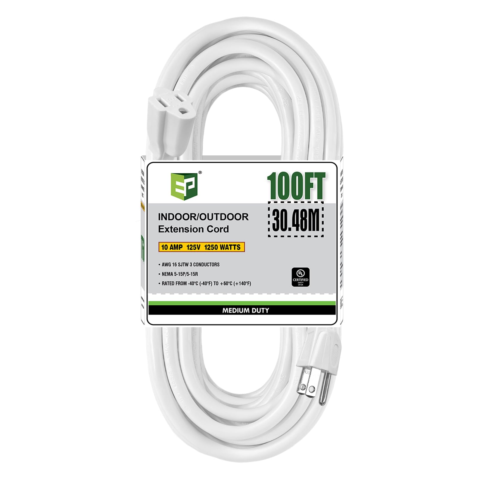Ep 100 Ft Outdoor Extension Cord   16/3 Sjtw White Electrical Cable With 3 Prong Grounded Plug, Ul Listed