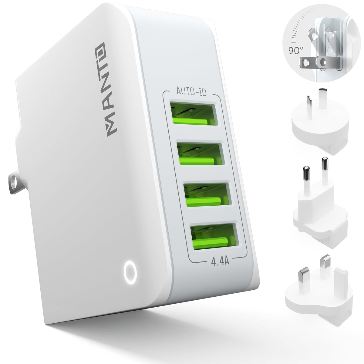 Multiple Usb Wall Charger, Manto 4.4A/22W 4 Port Usb Travel Power Adapter, All In One Worldwide Cell Phone Charger Plug For Iphone 13 Pro/13 Mini/13 Pro Max/12/11/Xr/Se/8, Samsung, Lg, Htc And More