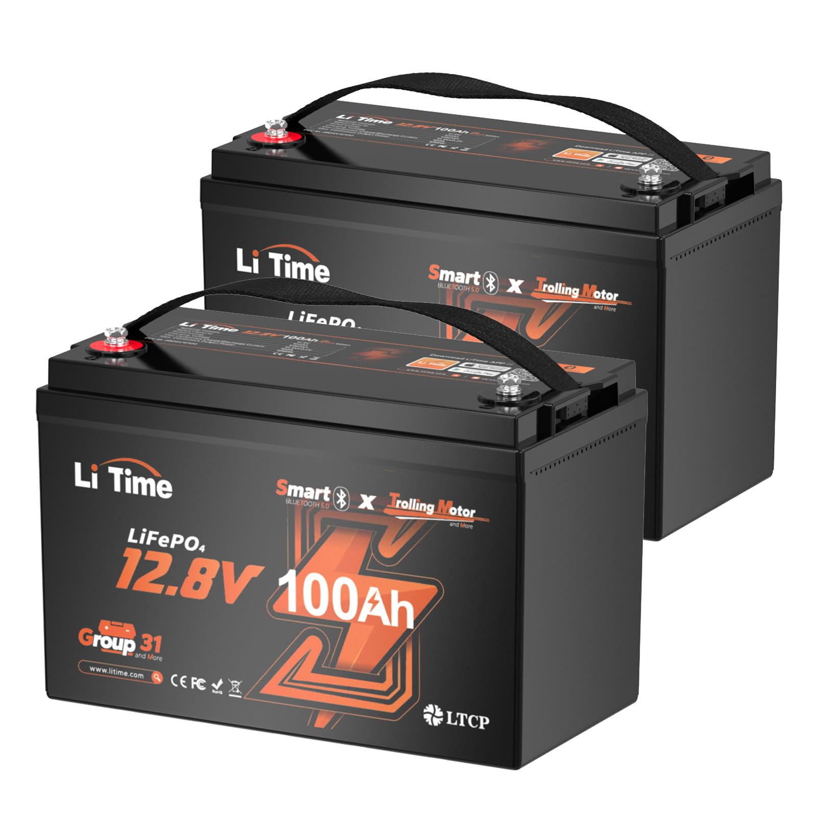 LiTime 2 Pack 12V 100Ah Trolling Motors Lithium Battery, Group 31 Bluetooth LiFePO4 Battery | Low-Temp Protection | 100A BMS | B