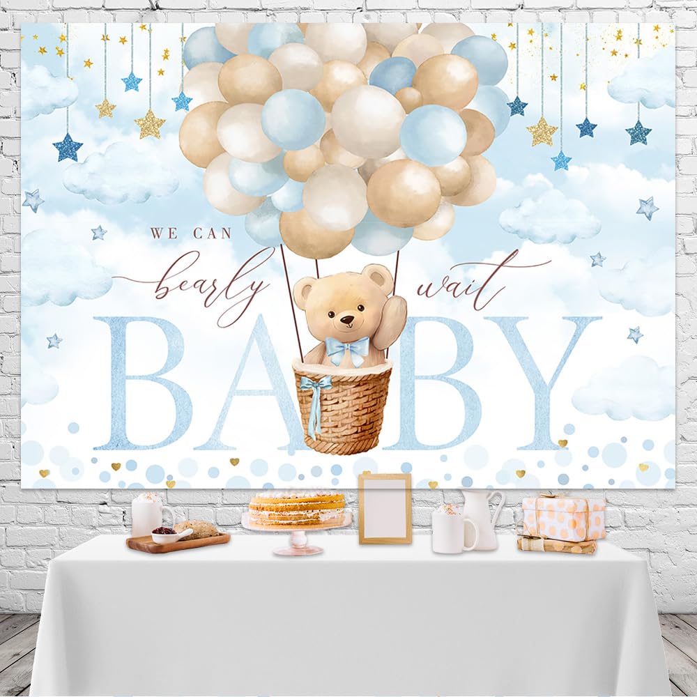 Mocsicka We Can Bearly Wait Backdrop Blue Hot Balloon Bearly Wait Baby Shower Party Decorations Backgrpund Blue Cloud Bear Boy B