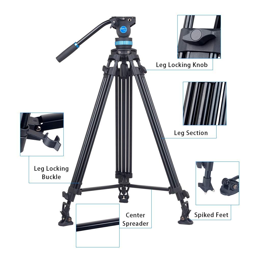 Sirui Video Tripod Sh-25, Professional Broadcast Tripod With Fluid Head For Cameras, Universal Platform And Handle For Tilting A