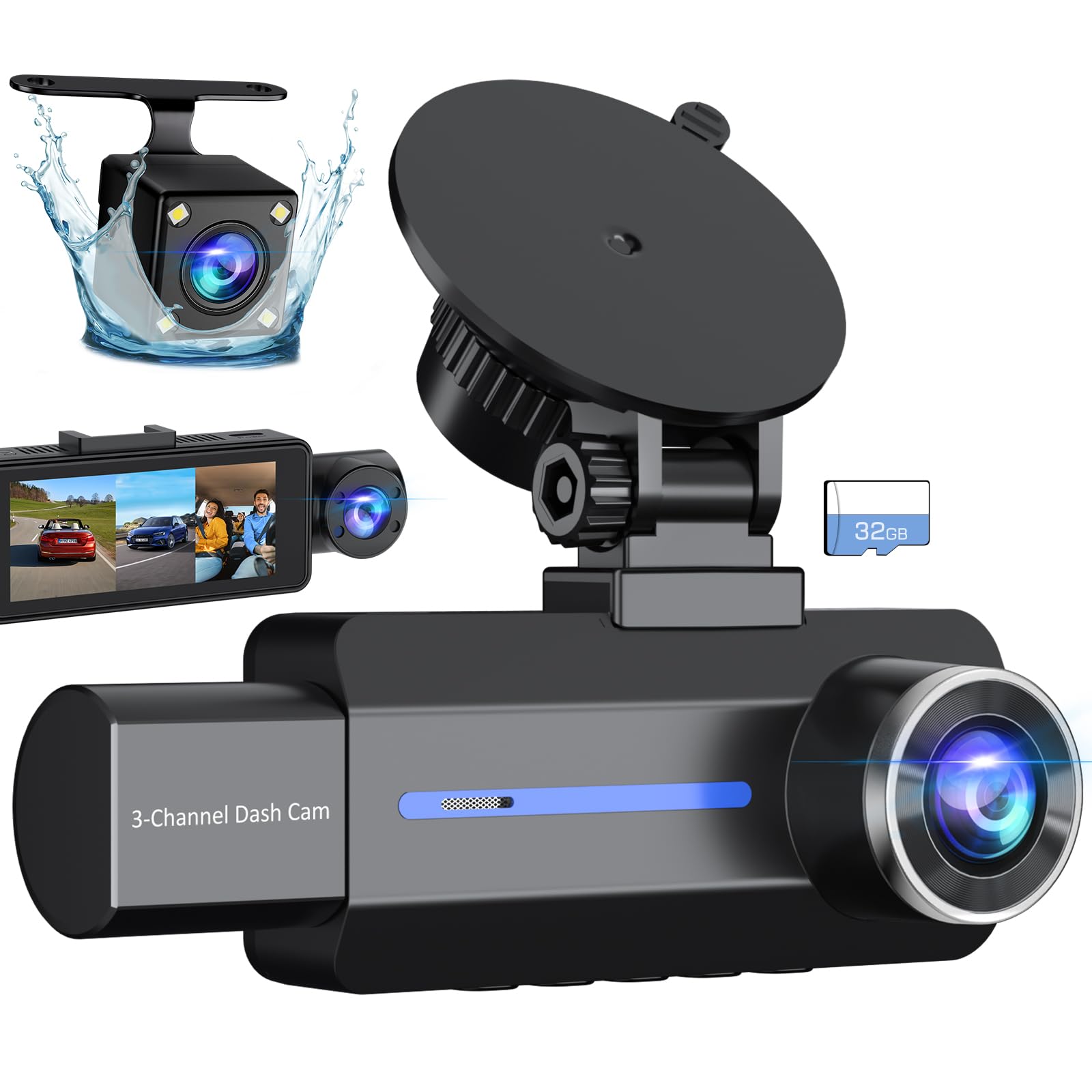 3 Channel 2.5K Dash Cam, 1440P Dash Cam Front And Rear Inside, Dash Camera For Cars, Triple Car Camera With 32Gb Card, G Sensor,