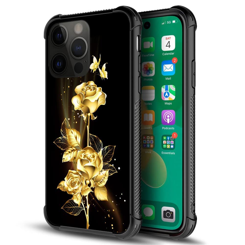 Daizag Compatible With Case For Iphone 14 Plus, Gold Flower Rose Butterfly Iphone 14 Plus Cases For Man Woman, All Round Protect