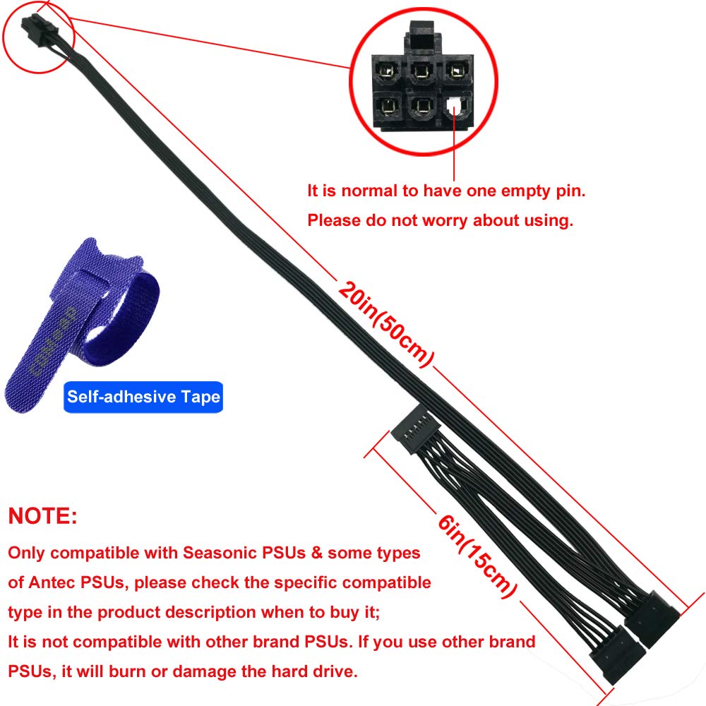 Comeap Sata Power Cable For Seasonic Antec Psus, 6 Pin To 3X 15 Pin Sata Hard Drive Power Adapter Splitter For Btc Mining Riser