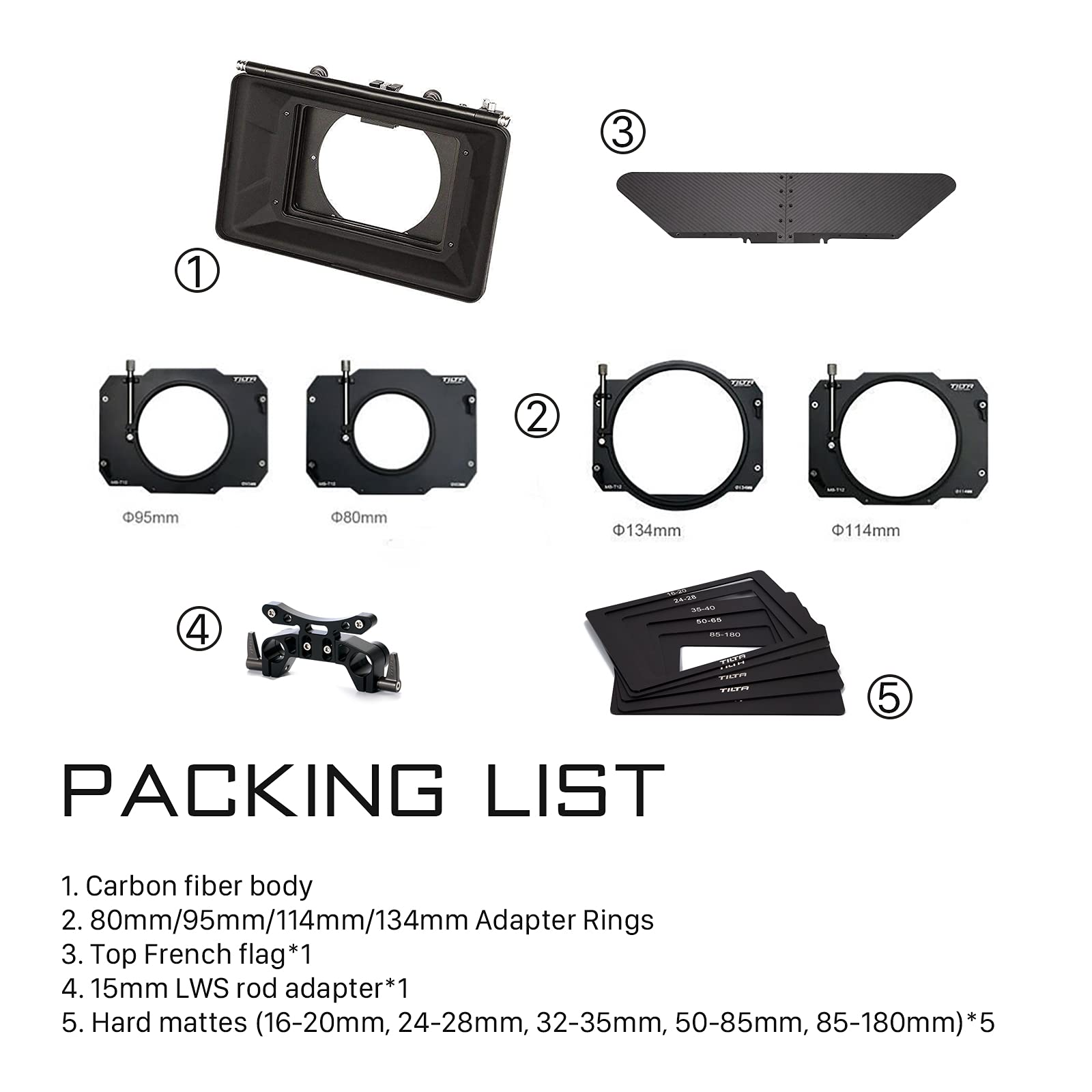 Tilta Matte Box For Studio Cinima Cameras, 3 Pcs 4X5.65 Filter Frame With 5 Lens Adapter Rings (134/114/110/95/80Mm) Carbon Fiber Top Flag 5 Pcs Front Matte 15Mm Rod Adapter Mb T12