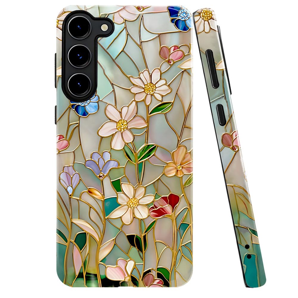 TnXee Case for Samsung Galaxy S23,Stained Glass Bloom Flower Phone Case Drop Resistant Glossy 2 in 1 Solid Dual-Layer Cover for 