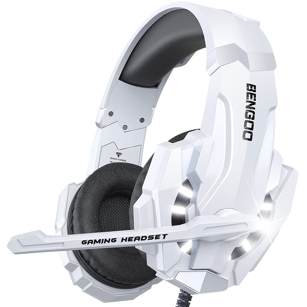 Bengoo Pro Gaming Headset For Ps4 Ps5 Pc Xbox One Controller, Noise Cancelling Over Ear Headphones With Mic, Led Light, Bass Surround, Soft Memory Earmuffs For Laptop Mac   White