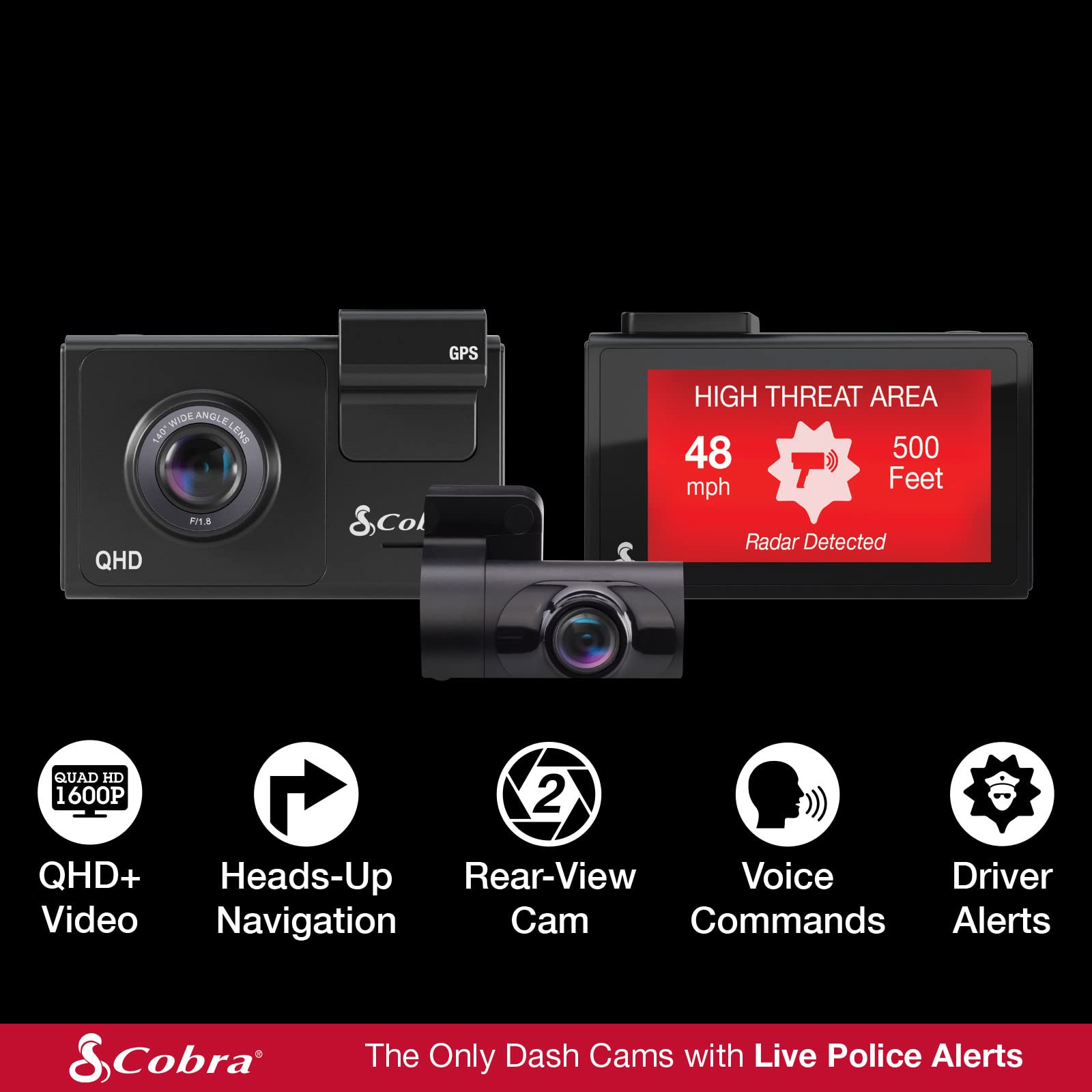 Cobra Smart Dash Cam + Rear Cam (Sc 200D)   Qhd+ 1600P Resolution, Built In Wi Fi & Gps, Voice Commands, Live Police Alerts, Inc