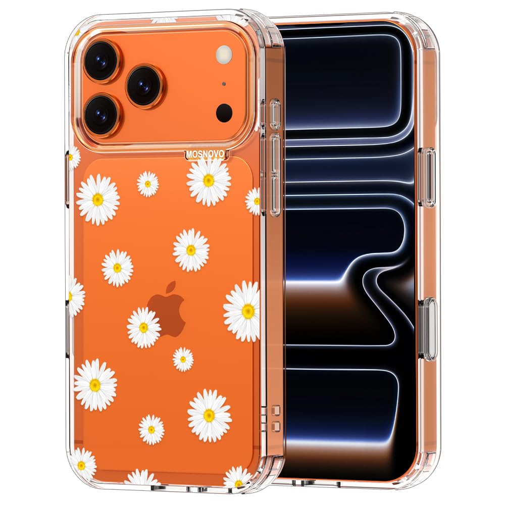 MOSNOVO for iPhone 17 Pro Max Case | Military Grade 6.6ft Drop Tested | Camera Control | Clear with White Daisy Design