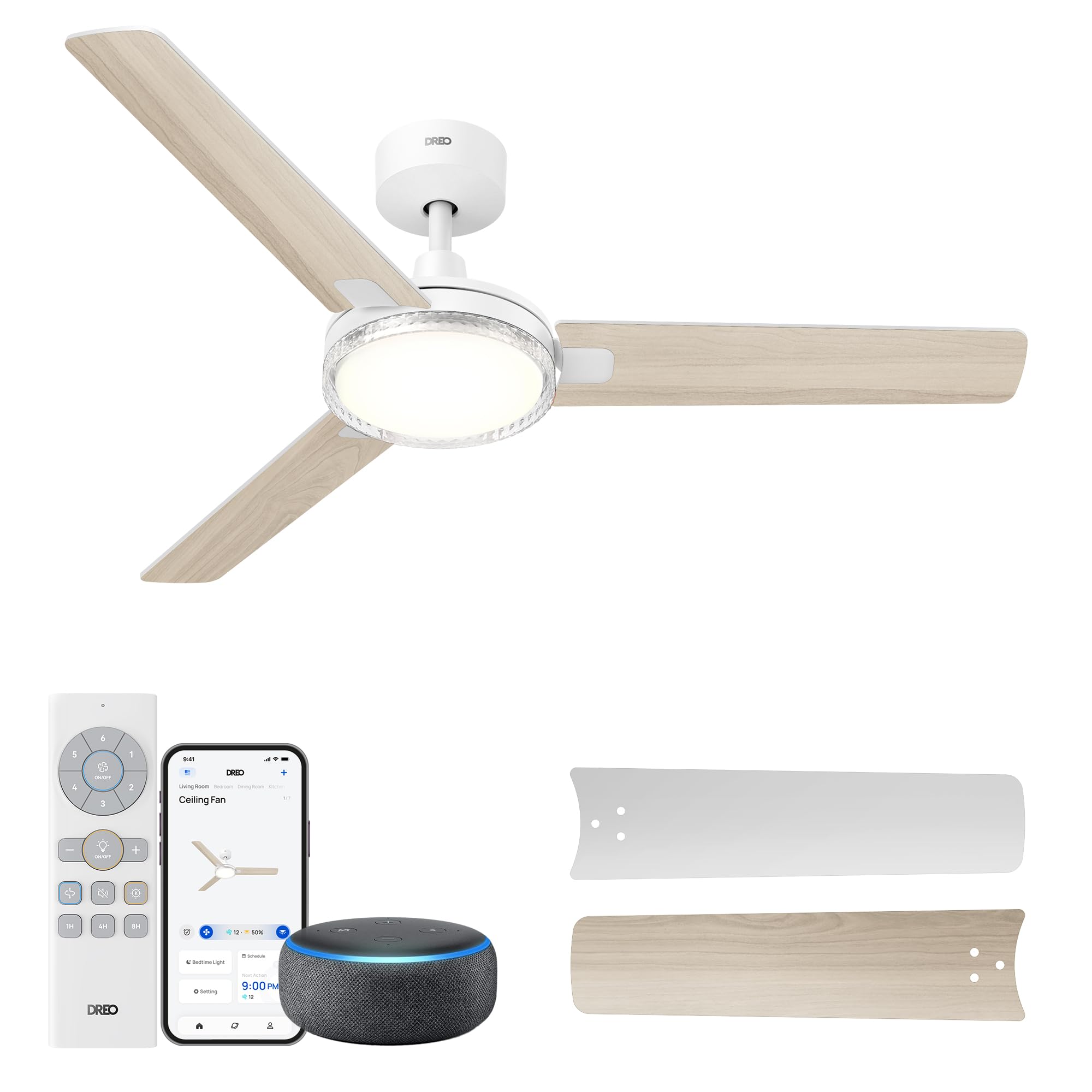Dreo Smart Ceiling Fans with Lights, 52 Inch White Ceiling Fan, 12 Speeds & 3 Fan Modes, Stepless Color Tones, Dimmable LED Ligh