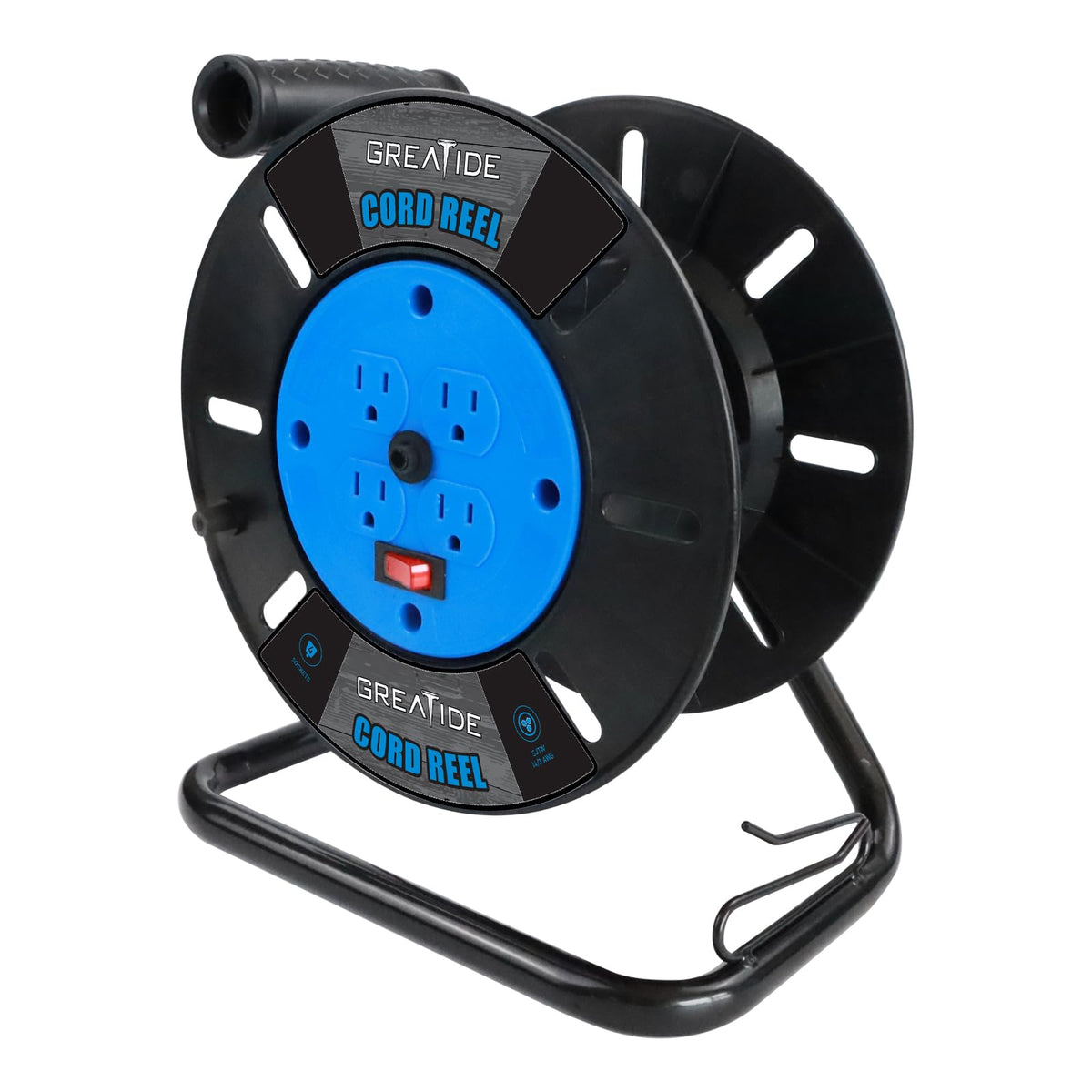 Greatide Heavy Duty Extension Cord Storage Reel, 4 Grounded Outlets, 10A Circuit Breaker, Rocker Power Switch, Retractable Hand