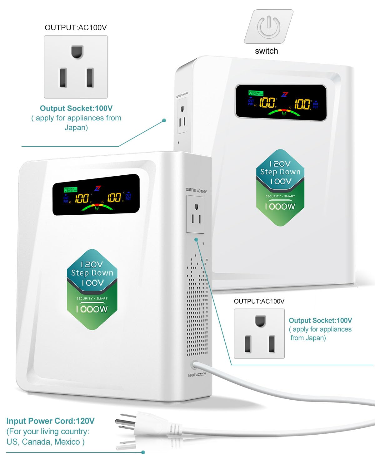 Zhengxi 120V To 100V Step Down Transformer 1000W Power Voltage Converters, No Noise, Ten Protection Functions,Using Japan Applia