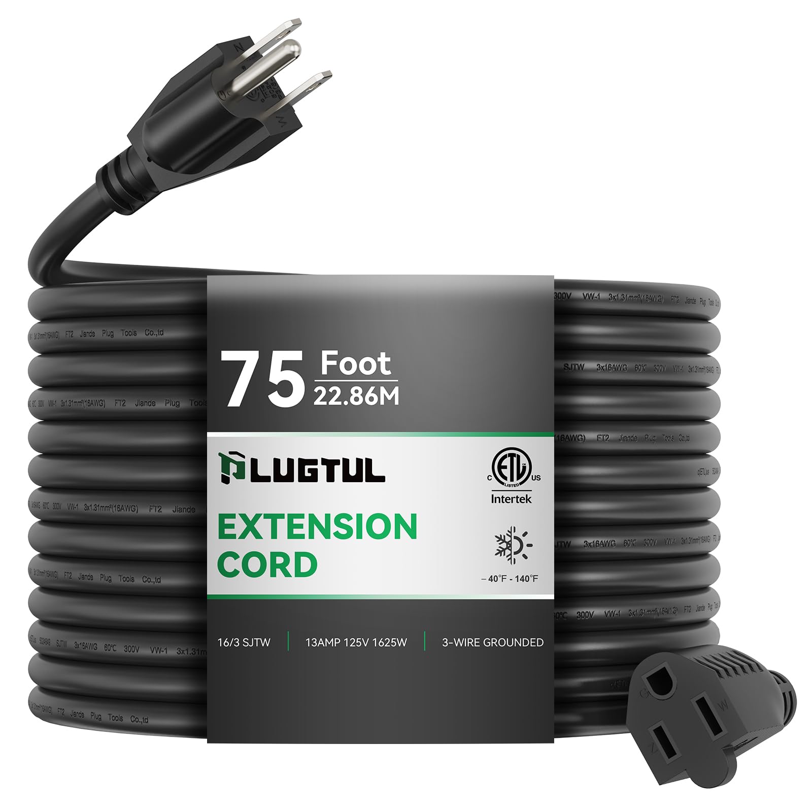 Plugtul Extension Cord 75 Ft, 16/3 Outdoor Extension Cord Waterproof, Heavy Duty 3 Prong Extension Cord Black, 13A 1625W Sjtw, E