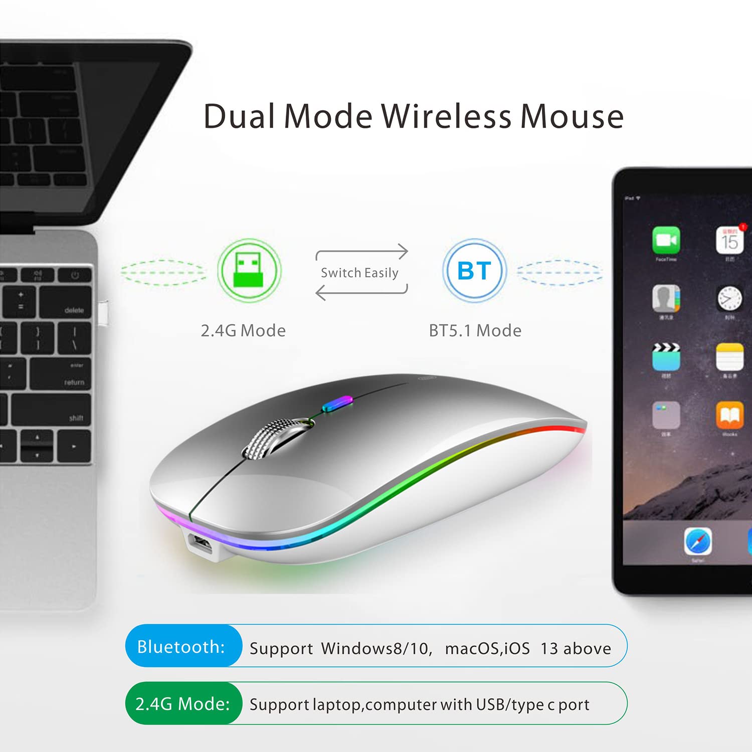 Tenmos Wireless Bluetooth Mouse, Led Slim (Bluetooth 5.1 + Usb) 2.4Ghz Rechargeable Silent Bluetooth Wireless Mouse With Type C Adapter For Laptop/Macbook/Ipad Os 13 And Above (Silver)