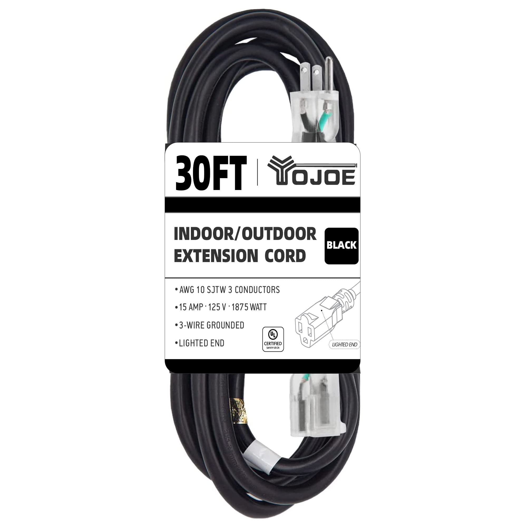 Yojoe Indoor Outdoor Extension Cord With Lighted End, 3 Prong 15A Weatherproof Power Extension Cord, 10 Gauge Heavy Duty 30 Ft B