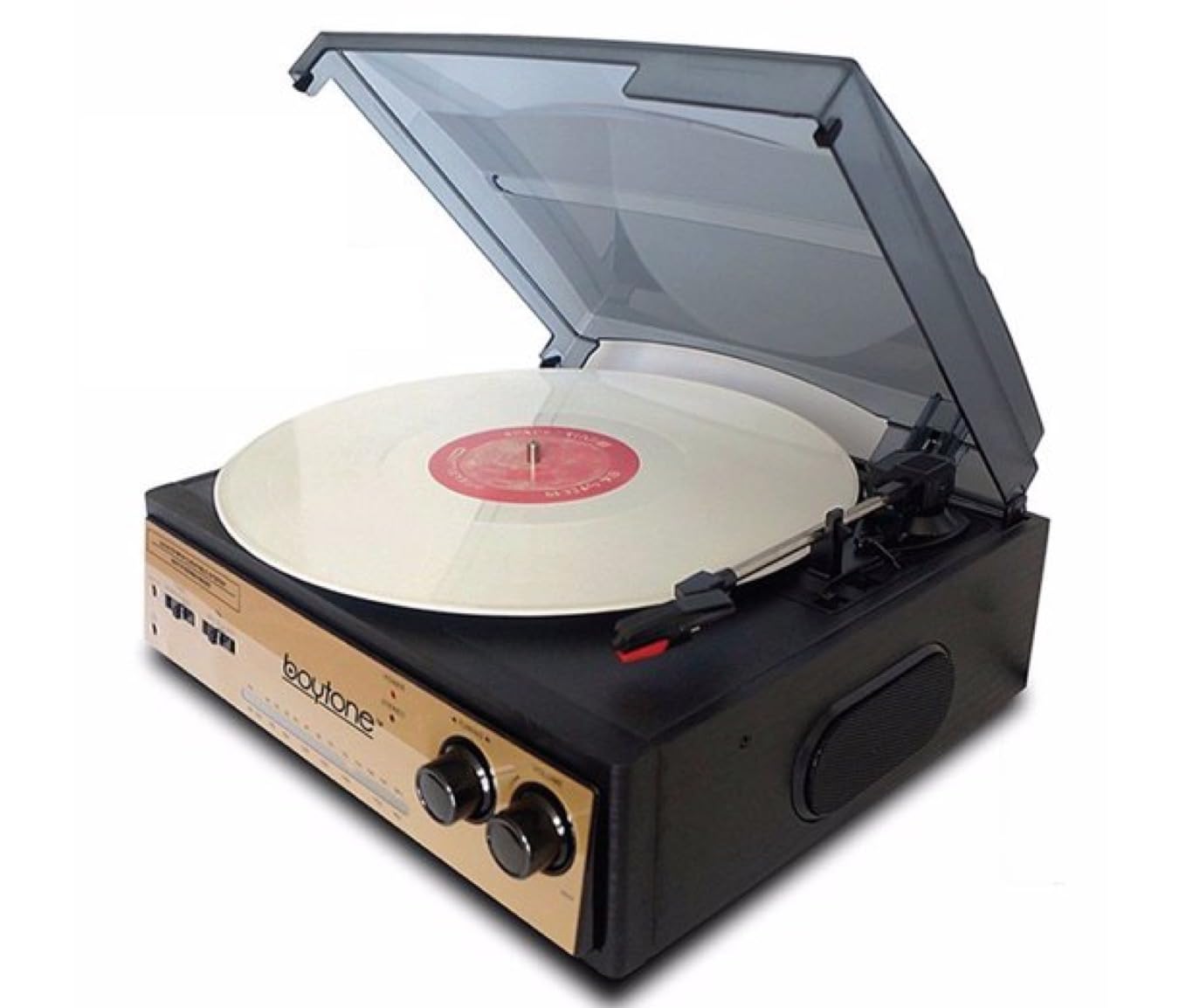 Boytone Bt 13G With Bluetooth Connection 3 Speed Stereo Turntable Belt Drive 33/45/78 Rpm, 2 Built In Speakers Am/Fm Stereo Radio, 3.5Mm Headphone Jack/Auxiliary, Rca Jack, 45 Rpm Adapter Included