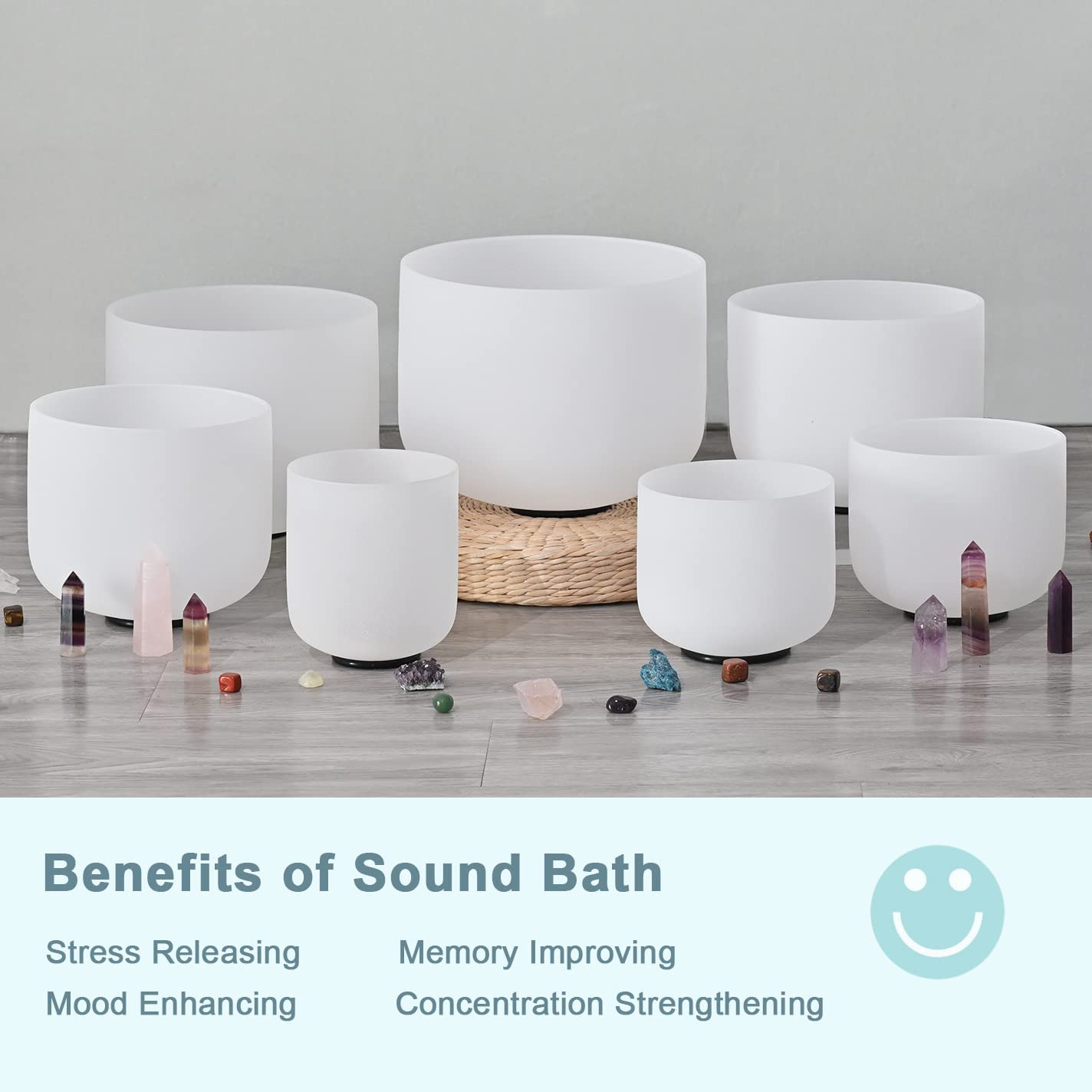 Cvnc 432Hz 7 12 Inch Set Of 7 Pcs Frosted Quartz Crystal Singing Bowls With 2 Pcs Carrying Case Bag Sound Healing